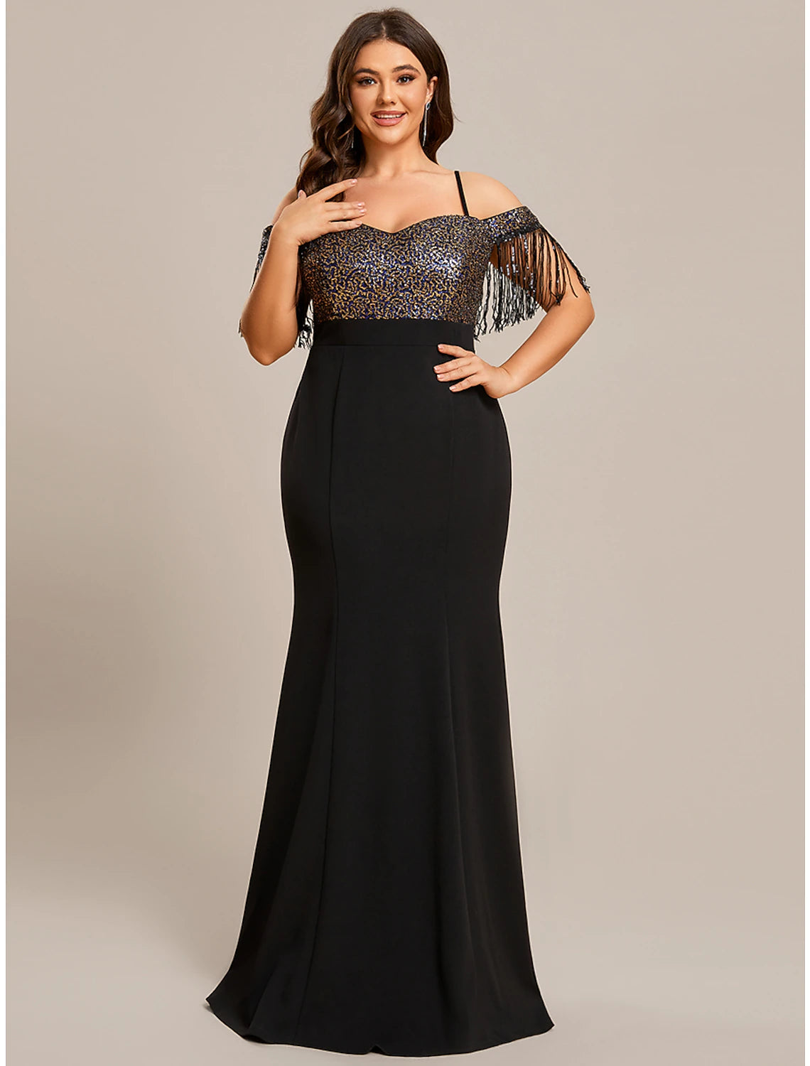 Mermaid / Trumpet Wedding Guest Dresses Minimalist Dress Formal Black Tie Floor Length Short Sleeve Off Shoulder Stretch Fabric with Fringe Tasse